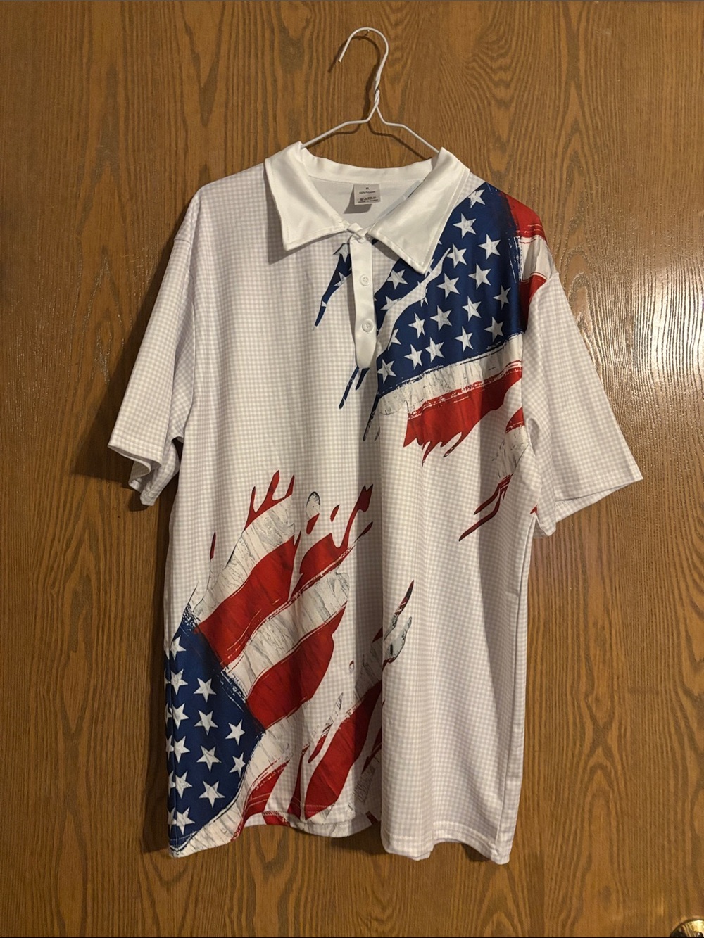 Men's White Polo Shirt with Distressed American Flag Print